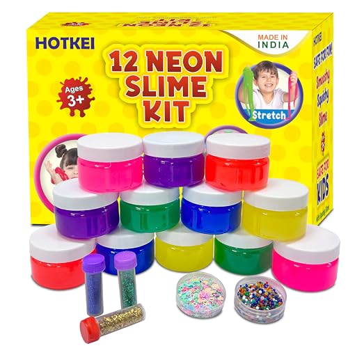 Image of HOTKEI (12 Neon Slime kit) DIY Neon Colored Fruit Scented Slimy Gel Jelly Set Kit Air Dry Magical Crystal Clay Putty Toy Kit for Girls Boys Kids Slime with Glitter| Stars | Color Beads Set