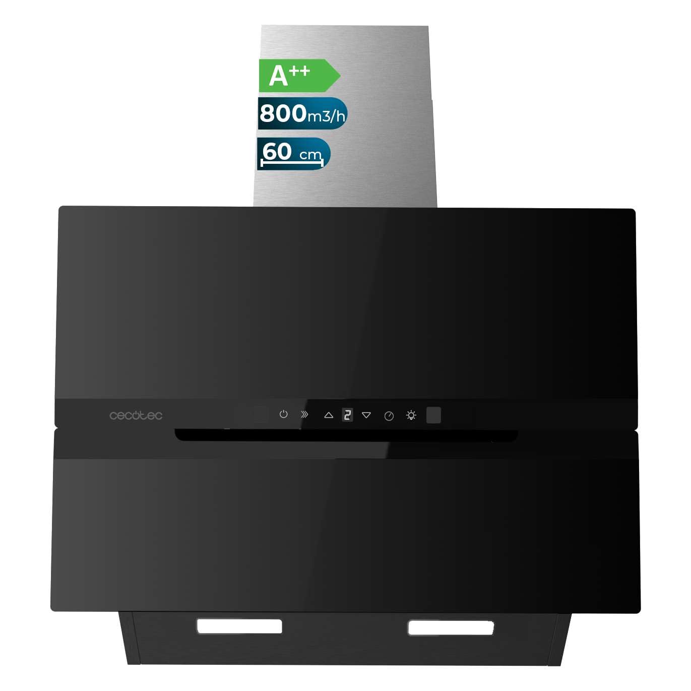 Cecotec Campana Extractora Decorativa 60 cm Bolero Flux DT 608010 Glass Black A++. 210W, 800 m3/h, Clase A++, Control Táctil, 3 Niveles, Filtros carbono y aluminio, LED, Hand Movement, Delay Function