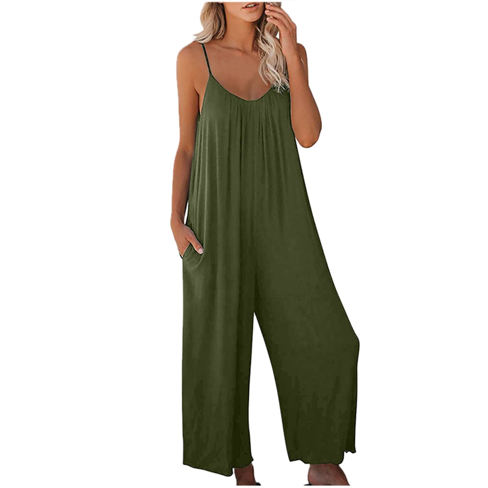 Dungarees for Women UK Wide Leg Jumpsuit Loose Fit Playsuits Summer Romper  Overalls Women Summer European And American Sling Solid Pocket Casual