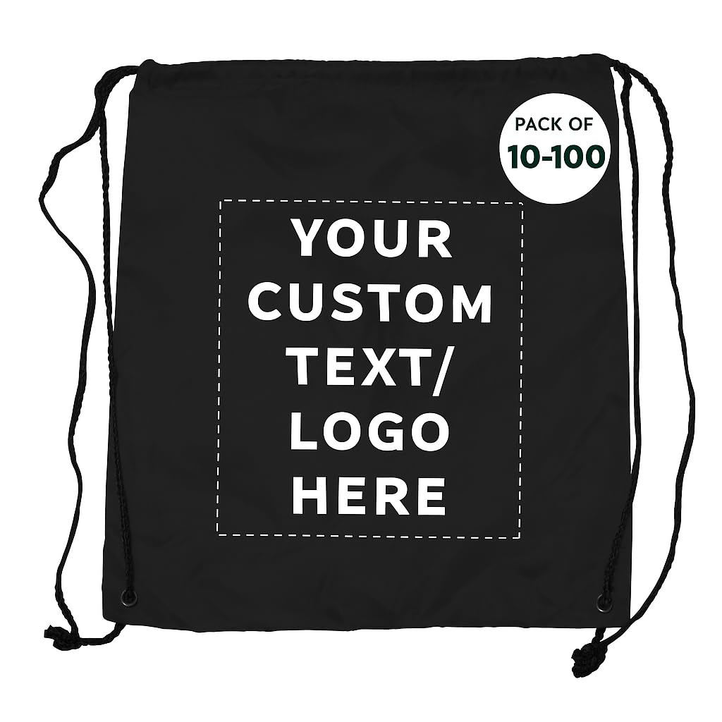 DISCOUNT PROMOS Custom Classic Polyester Drawstring Bagpack Set of 10/50/100, Personalized Bulk Pack - Great for Travelling, Gym and for Everyday Use