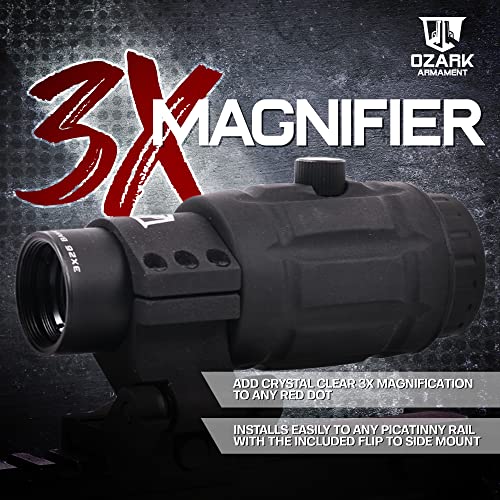 Ozark Armamnet Razorback 3X Red Dot Magnifier Rifle Scope - 3X Magnifier For Red Dot Sight - 3X Magnifier Flip To Side Scopes Works With All Picatinny Rail Guns Including Air Rifles & 22 Long Rifles #TOP1