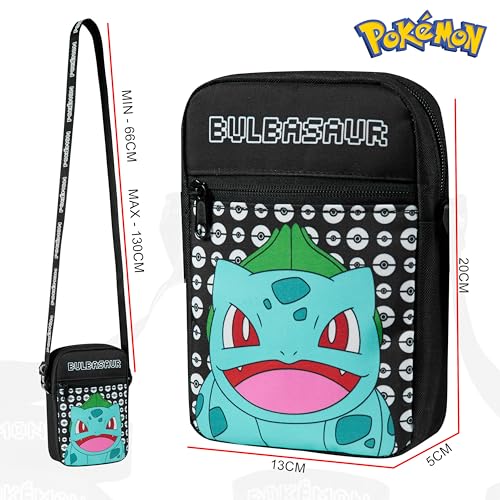 Pokemon Kinder Umhängetasche, Pikachu Reisetasche mit Verstellbarer Schultergurt, Großes Hauptfach mit Reißverschluss Kinder Geschenke (Schwarz Bulbasaur)