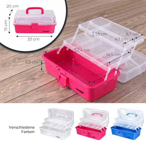 HMF Nähkasten aufklappbar mit 3 Ebenen, Sortierbox für Kleinteile | 33 x 20 x 15 cm | Pink