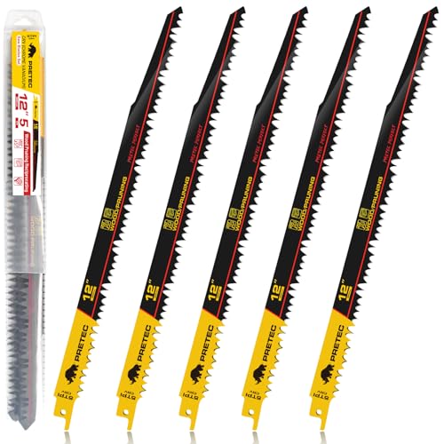 Image of 12 Inch Wood Pruning Reciprocating Saw Blades for Tree Trimming, 5 PCS /5TPI | High Carbon Steel Reciprocal Saw Blades for Wood Cutting, Durable Pruning Blades for Reciprocating Saw with Organizer Case