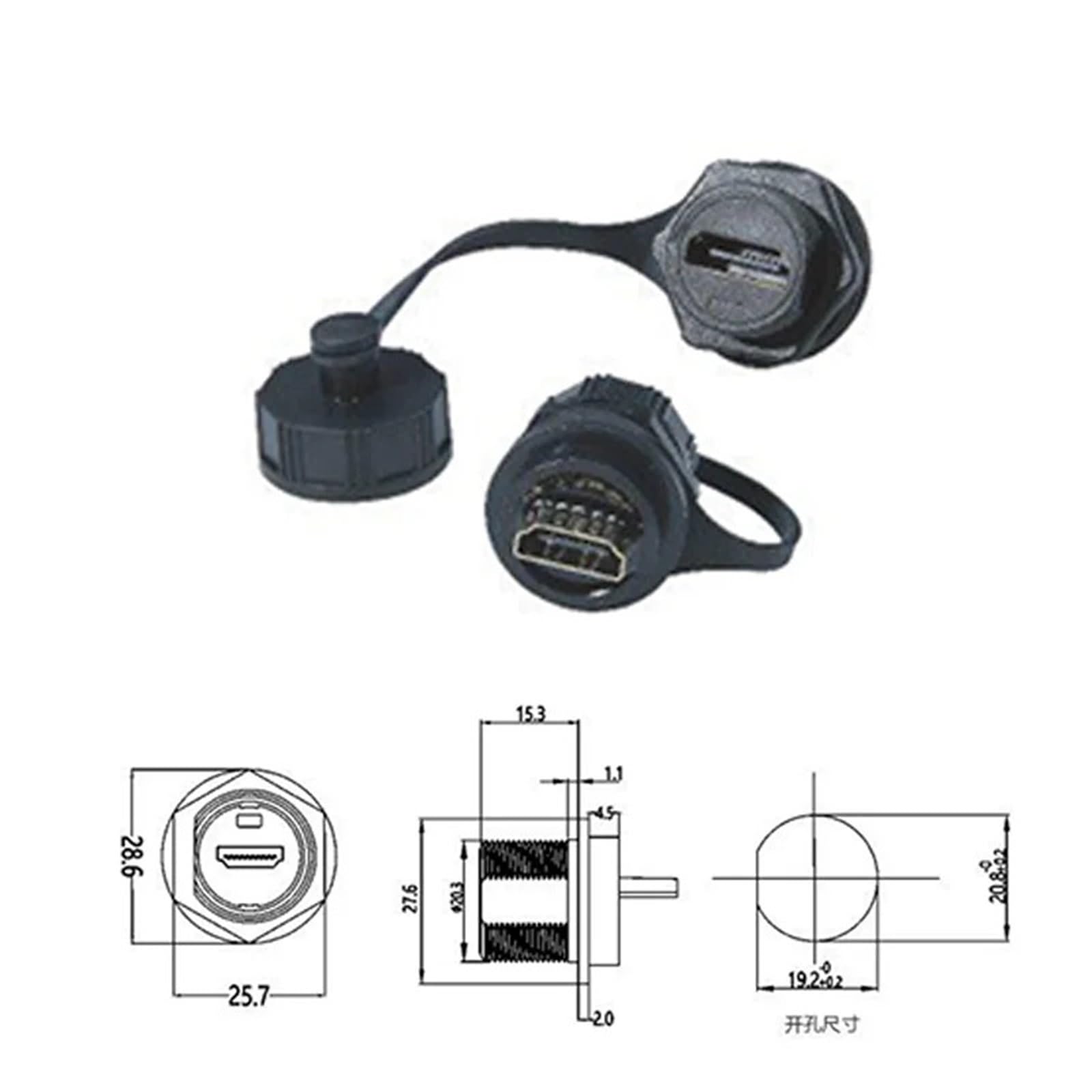 Adaptateur de prise mâle/femelle for connecteur de données de câblage étanche à base HDMI 2.0 à filetage complet