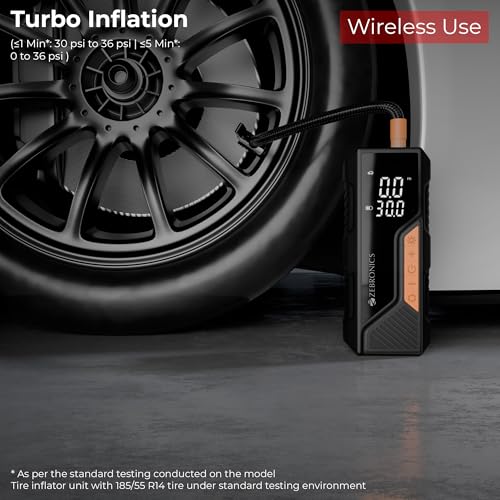 Image of Zebronics, Portable Tyre Inflator, Wired and Wireless, 150 PSI Turbo Inflation, Digital Display, 6000 mAh Rechargeable Battery, Type-C & 12V Support, Power Bank, SOS Light, Multi Nozzles (19TI6A)