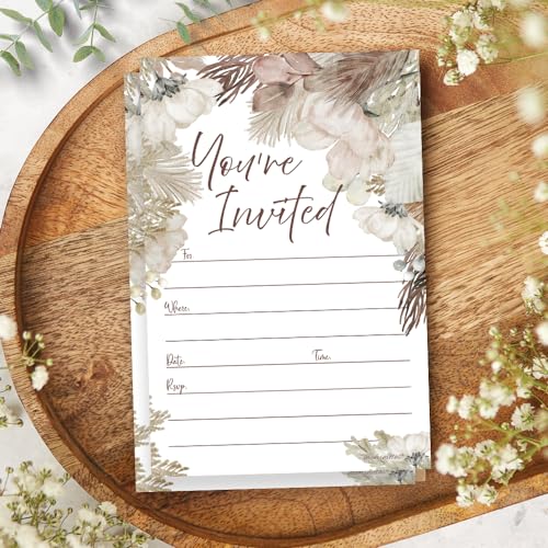 Boho Invitations With Envelopes For Wedding, Bridal Shower Brunch, Birthday, Baby, Housewarming, Anniversary Or Any Occasion [20 Count] - Neutral Cream Floral Invites - Thumbnail 6