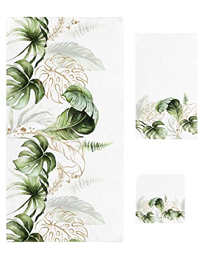 Summer Tropical Plant Bath Towels Set, Soft Absorbent Bathroom Towels, Farmhouse Rustic Spring Green Leaves Towels For Bathroom Kicthen 1 Bath Towels 1 Hand Towels 1 Washcloths #TOP12