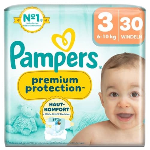 Pampers Premium - Protección de 3, 30 capas, 6 kg-10 kg, doble protección para la piel y contra fugas