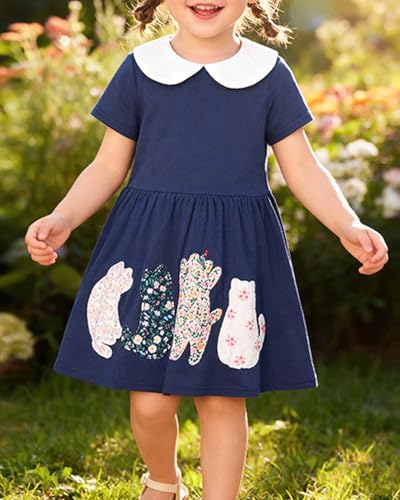 Image of Girls Cotton Long Sleeve Casual Cartoon Appliques Striped Jersey Dresses