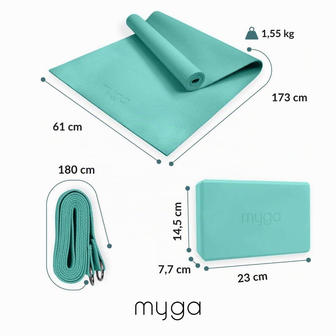 Myga Yoga-Starter-Set – Yogamatte, Yoga-Blöck Ziegel & Metall D-Ring Yoga-Gurt – Starter Kit für Anfänger ideal für Pilates, Yoga, Dehnung, Gesundheit & Fitness