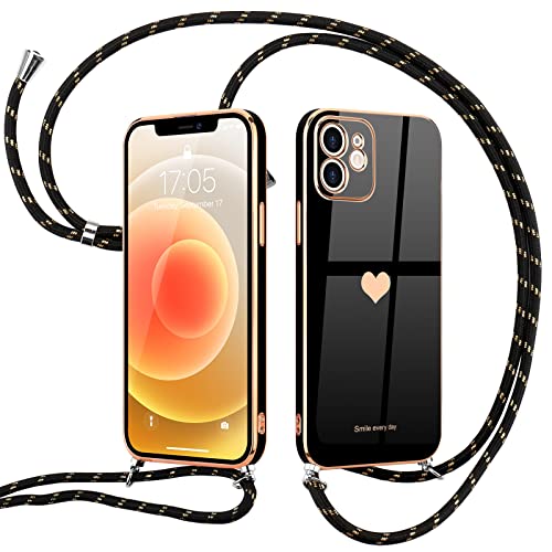 Wirvyuer Handykette Kompatibel mit iPhone 12 Handyhülle Necklace Hülle mit Band zum Umhängen Liebesherz Schutzhülle mit Halsband Silikon Umhängetasche für iPhone 12 Schwarz Cover