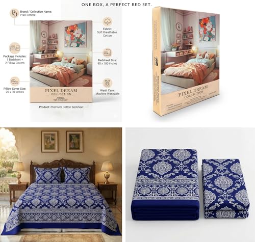 Image of BSB HOME Premium Cotton Double Bedsheet with 2 Pillow Covers, 240 TC Soft Breathable, Skin Friendly & Hypoallergenic, Jaipuri Printed (90 x 100 Inches) (Sanganeri Print - Blue)