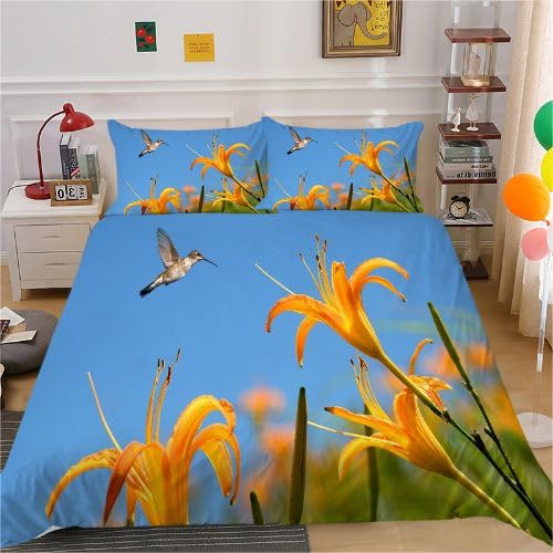 Housse de couette 220x240 oiseau bleu avec ses deux taies d'oreiller 65x65 en microfibre