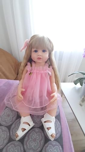 Roshuan Reborn Baby Dolls Girl 22 Inch Lifelike Realistic Toddler Reborn Doll Silicone Vinyl Full Body Waterproof With Blond Long Hair Pink Dress For Birthday Gifts #TOP7