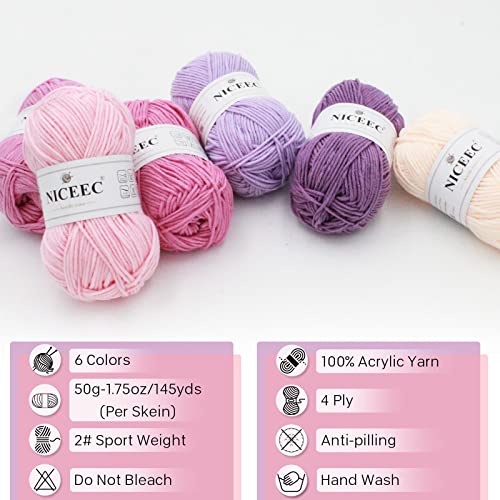 Image of NICEEC 300g Soft Assorted Colors Yarn - Sport Weight,100% Acrylic, 4 Ply, Bonbons Yarn for Crochet & Knit, DIY Project Starter Kit for Kids or Adults(Total 870yds) - Light Purple