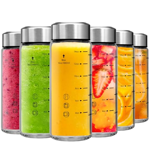 Image of Glass Juice Bottles 6 Pack 16 oz - Wide Mouth Glass Water Bottles with Lids - Borosilicate,Stainless Steel Lids for Juicing, Smoothies, Infused Water, Beverage Storage, Leakproof, Reusable, BPA Free