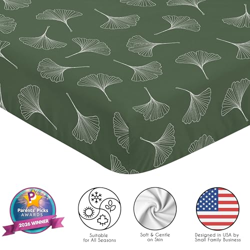 Image of Sweet Jojo Designs Fitted Baby Crib Sheets (Green Woodland Ginkgo Leaf) for Girls /Boys, Infant Nursery, Toddler Room - Standard Size (White & Forest Green Earthy, Vintage Minimalist, Botanical Nature)