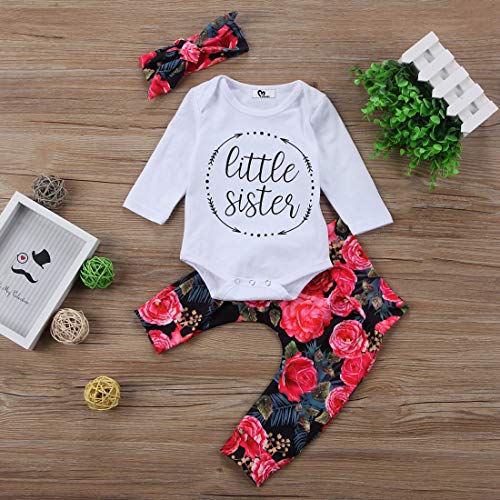 Baby Girls Little Sister Bodysuit Tops Floral Pants Bowknot Headband Outfits Set #TOP1