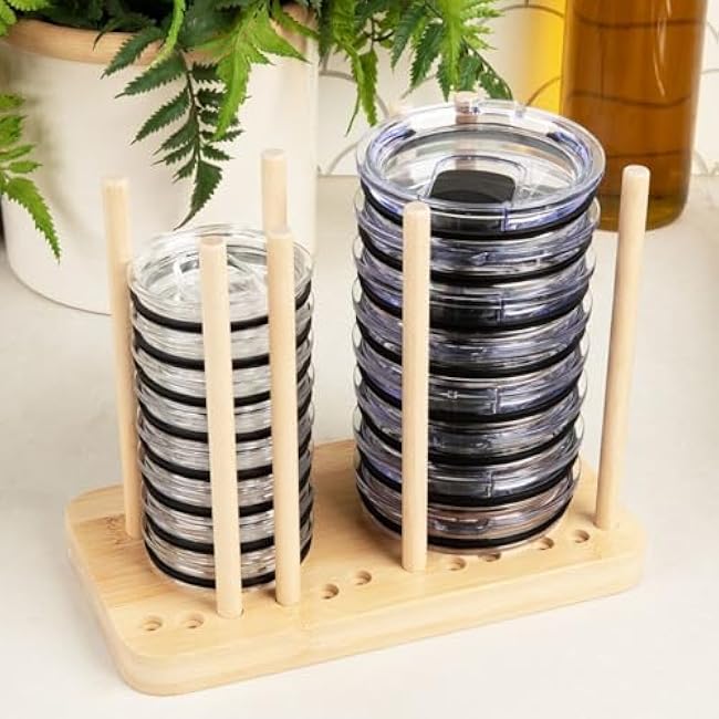 Adjustable Bamboo Tumbler Lid Organizer - Holds up to 20 Lids - Water Bottle Lid Organizer