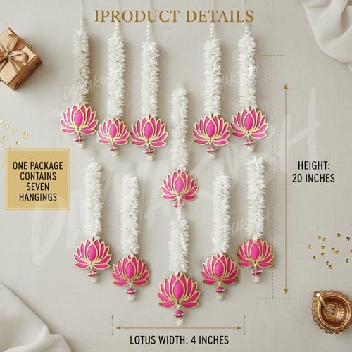 Image of Divyakosh Lotus Hanging with White Artificial Flowers 7 Pcs | Floral Wall Hangings for Home Decoration,Temple,Diwali,Ganpati & All Festival Decoration | 20 Inches Each |