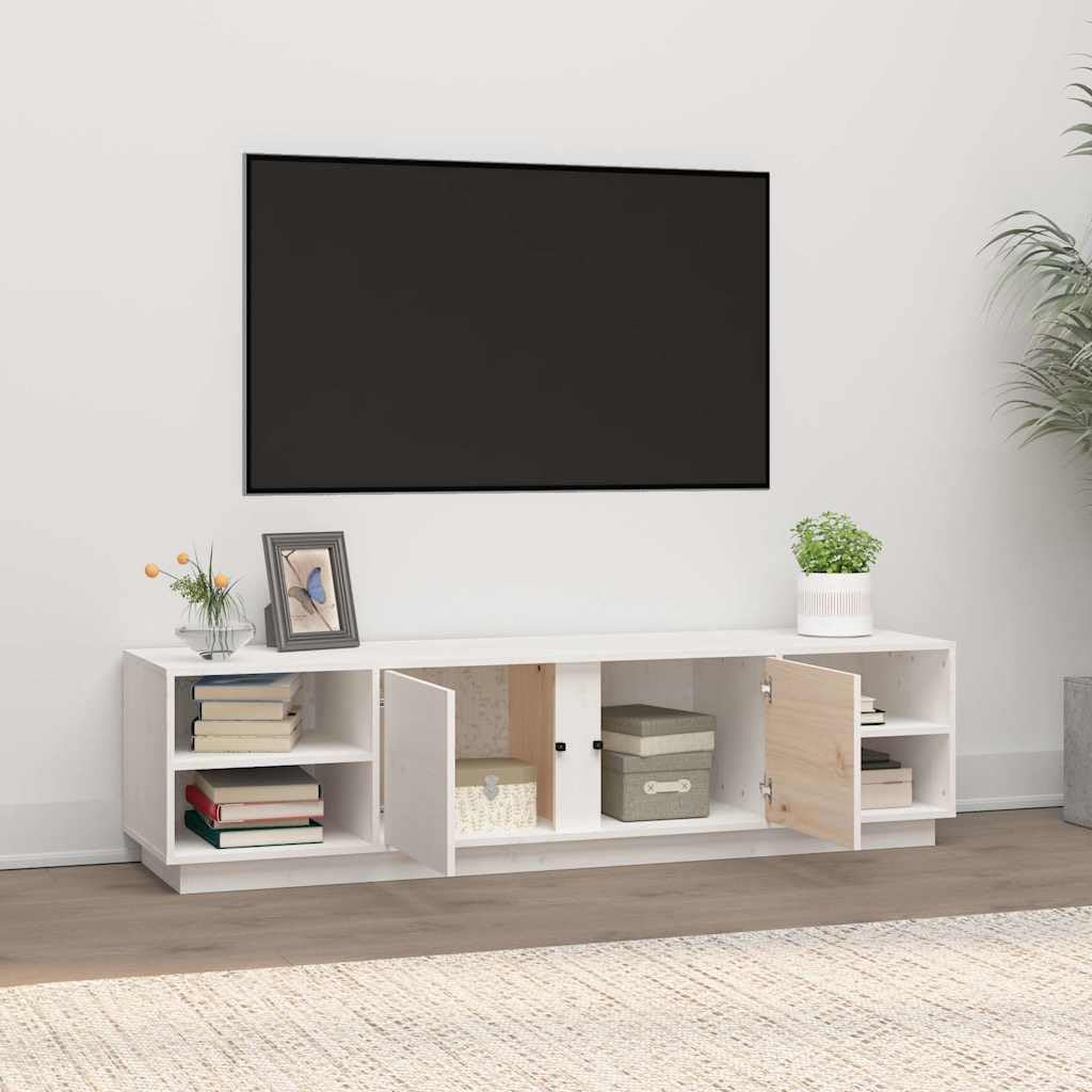 Biała szafka pod telewizor z litego drewna sosnowego, 156 x 40 x 40 cm, szafka pod telewizor z 6 półkami i 2 drzwiami, niska szafka z miejscem do przechowywania do salonu, kina domowego i