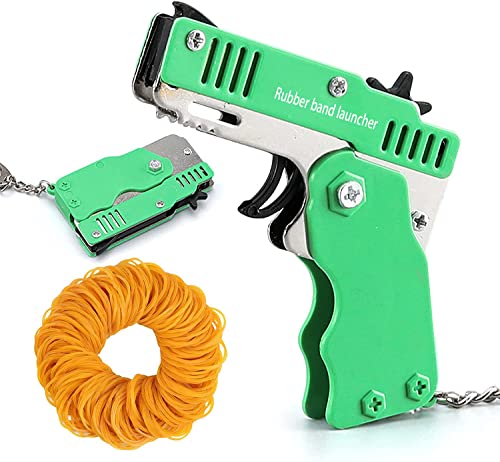 QKUDNGHY Kids Toys Cool Keychain Rubber Band Mini Metal Folding Rubber Launcher Toy with 60 Elastic Rubber Bands for Game Outdoor Activities (Green)