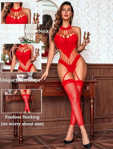 Image of GirlFriend Hot Women's Lingerie Set - Lace Babydoll Outfits 1 Piece Fishnet Bodysuit with attached Mini Skirt with Stockings Babydoll