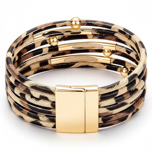 Fesciory Leopard Bracelet for Women, Boho Leather Wrap Multi-Layer Pearl Crystal Bracelet Bangle Jewelry - Image 6