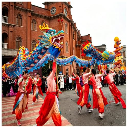 LXHELIVERY Chinese Silk Dragon Dance For Players, Outdoor Fitness Juggling Sets Costumes For New Year Street Performance, Christmas Parade(Blue,5M/16.4 FT)