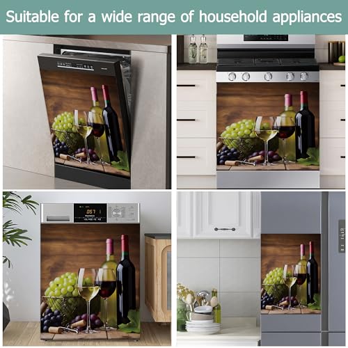 Image of Dishwasher Magnets Decorative Cover,Grape Wine Glasses Refrigerator Magnet Cover,Washable Modern Wine Bottle Dishwasher Front Panel Cover Home Kitchen Decoration 23x26 Inch