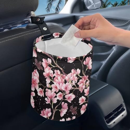 Image of Cute Cherry Blossom Car Trash Can Reusable Foldable Hanging Portable Dustbin Bin for Back Seat, Front Console, Floor, or Hanging Headrest Waste Basket