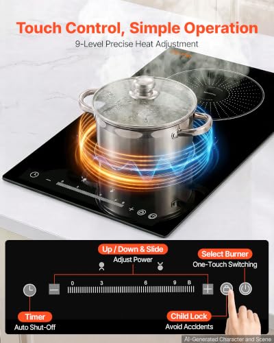 Image of VEVOR Induction Cooktop 12In 2 Burners, Built-in&Countertop Electric Stove, LED Touch & Integrated Control, 9 Power Levels, Easy-Clean Ceramic Glass, Child Lock, 3500W 220V No Plug
