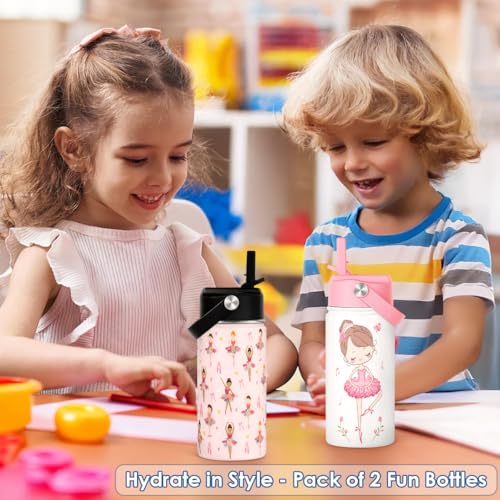 Image of SANDJEST Ballet Kid 12oz Water Bottle with Straw Lid - 2-Pack Insulated Stainless Steel Water Bottles for Kids Girls - Travel Cup for School Sports