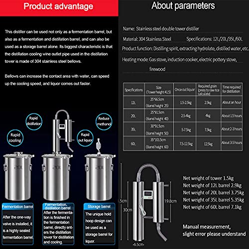 35L Stainless Steel Double Tower Distiller Home Brewing Mashine Liquor Brewing Brandy Distillation Equipment
