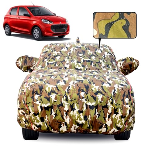 Image of Waterproof Car Body Cover for Maruti Suzuki Alto 800 with Mirror Pocket, Soft Cotton Lining, Triple Stitched, Full Bottom Elastic (Heat Resistant Jungle Print with Red Piping)