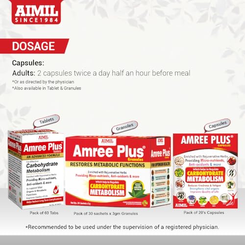 Image of AIMIL Amree Plus Capsules - 20 Capsules | Ayurvedic Nutrient Supplement for Carbohydrate and Lipid Support | Natural Herbal Formula with Gudmar & Karela to Help Manage Tiredness & Fatigue (Pack of 3)