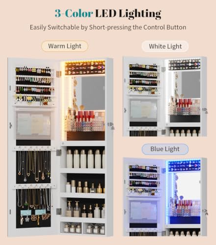 Image of Vlsrka LED Mirror Jewelry Cabinet, Over Door /Wall Mounted Jewelry Organizer