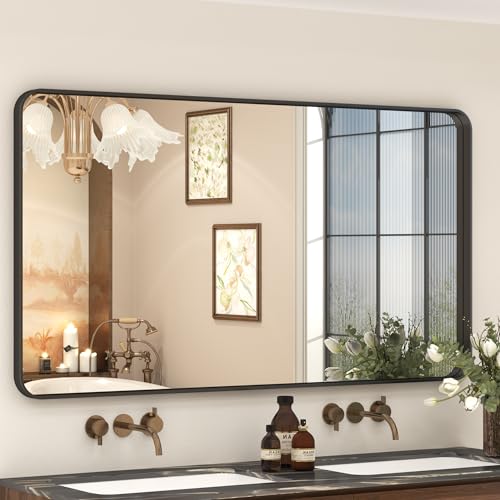 Best Decorative Wall Mirrors: Frameless vs Framed 62 55x30 Inch Black Framed Bathroom Mirror for Wall, Large Matte Met...