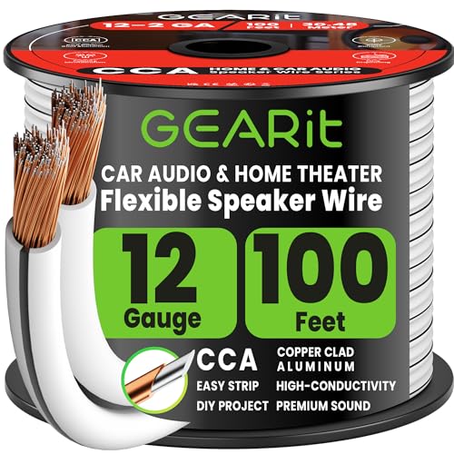 GEARit 12 Gauge Speaker Wire - 100ft, Flexible Speaker Cable with Polarity Markings & Foot Markers,12/2 Conductor Audio Cable for Home Theater, Car Audio Stereo, HiFi Surround Sound, 12AWG CCA(White)
