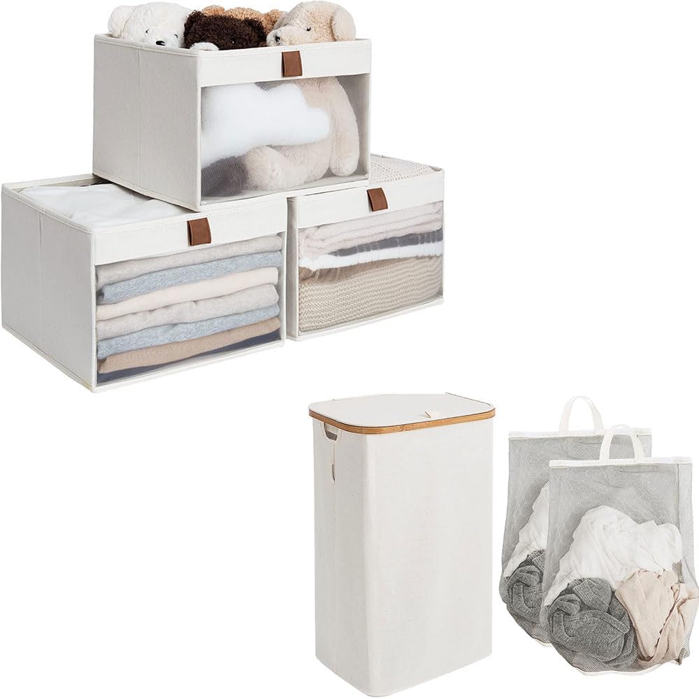 StorageWorks Paquete de 3 contenedores de almacenamiento para armario con cesta de lavandería alta de 100 litros