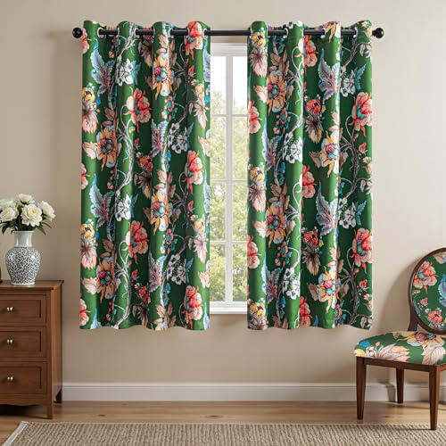 Image of MYSKY HOME Green Floral Blackout Curtains 45 Inch Length 2 Panels Set Bedroom 95% Black Out Thermal Insulated Room Darkening Curtain Printed Flower Vintage Style Grommet Window Panels, Pack-2
