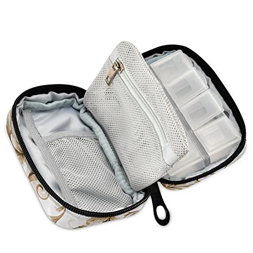 Pill Organizer Box Case Weekly Travel Pill Container Cute Pill Holder 7Day Vitamin Organizer Pill Dispenser Sorter Planner Storage Small Compact Classical Floral Pattern Gold Pill Cases #TOP1