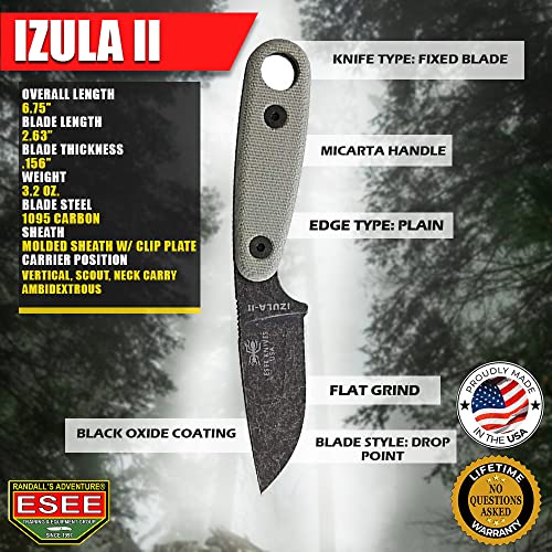 Esee Knives, Neck Knife Fixed Blade, 2.875" 1095 Carbon Blade, Black Oxide Coating, Micarta Handle, Sheath #TOP2