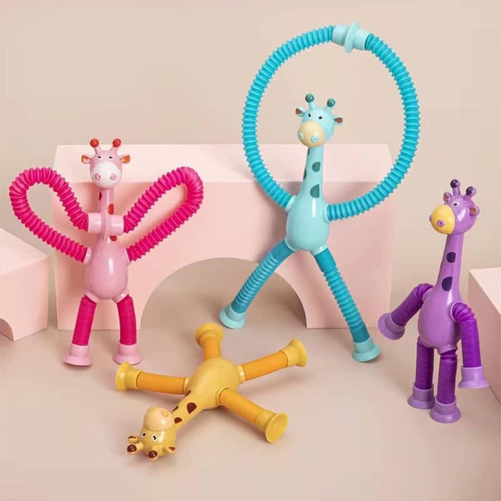 JANGOU4PCS Telescopic Suction Cup Giraffe Toy, Pop Tubes Sensory Fidget Toys,Versatile Styling Sensory Puzzle Decompression Toys, Luminous Stretch Tube Giraffe Children'S Educational Stress Relief