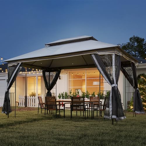 ECOTOUGE Outdoor Patio Gazebo 10\'x13\', Heavy Duty Canopy Tent with Metal Corner Frame Shelves & Soft Double Roofs, Party Tent Shelter with Mosquito Netting for Deck, Lawn, Backyard, Grey
