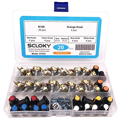 Seloky 20 PCS 10K Ohm Knurled Shaft Linear Rotary Taper Potentiometer with Five Kinds Knob(WH148) Kit