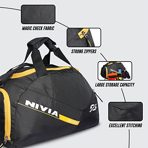 Image of Nivia Sports Space Polyester Gym Bag with Shoes Compartment,Adjustable Shoulder Bag for Men, Duffle Gym Bags for Men,Duffle Bags Travel (Black, Yellow),Capacity-18 litres