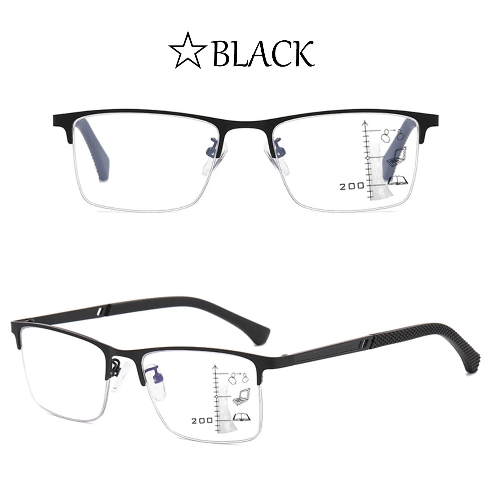 Gafas de Lectura de Medio Marco para Hombres Gafas de Ancianos HD de Enfoque Múltiple Progresivo con Bisagra Elástica Lector de Marco de Metal de Negocios,Black-+3.00