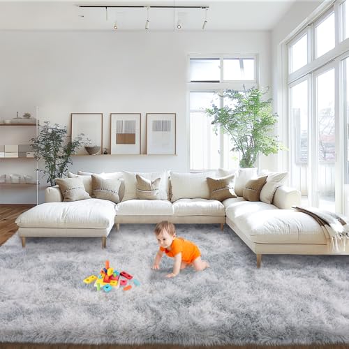Area Rugs 9x12 Living Room, Large Fluffy Rugs for Bedroom, Soft Carpet Shag Kids Room Rug, Non-Slip Fuzzy Rugs Indoor (Grey Tie-Dyed, 9ft x 12ft)